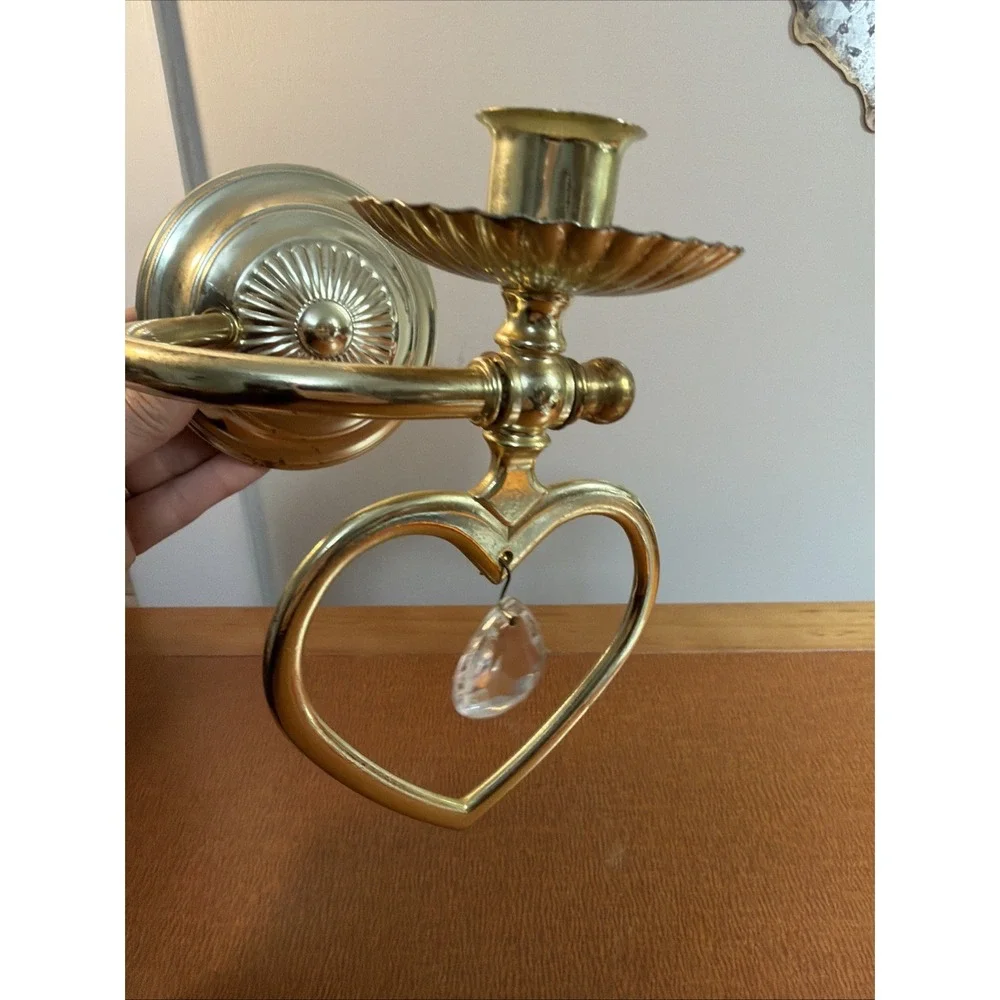 Vintage Brass Candle Holder Free Stand Or Wall Mounted Crystal Pendant 8